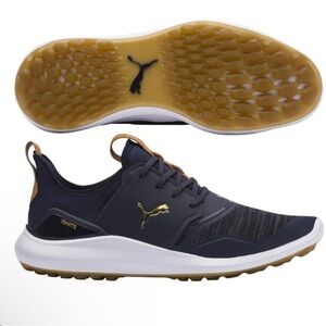Puma Ignite NXT Lace Peacoat-Gold-White Waterproof Spikeless Golf Shoe Men 11.5